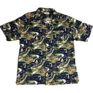 Ocean & Coast Mens XL Tropical Hawaiian Shirt Sailboat Palm Tree Hibiscus Green